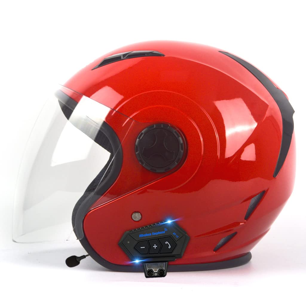 Bluetooth 3/4 Motorradhelm Jethelme,ECE Zertifiziert Motorrad Helme Mit Visier Brain-Cap Jet-Helm Roller-Helm Mofa-Helm Scooter-Helm Crash Cruiser Bike Racing Helm