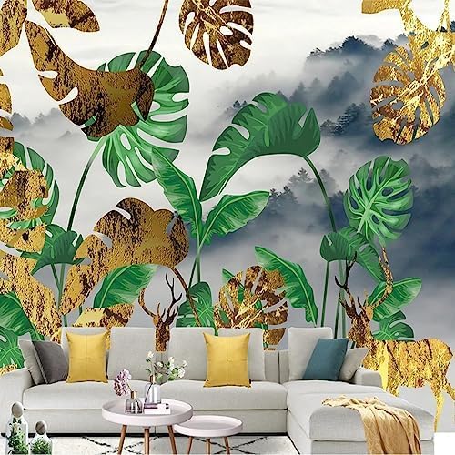 XLMING Golden Deer Waldgebiet Pflanzen 3D Tapete Home Dekoration Wohnzimmer Sofa Schlafzimmer Tv Hintergrund Wand-350cm×256cm