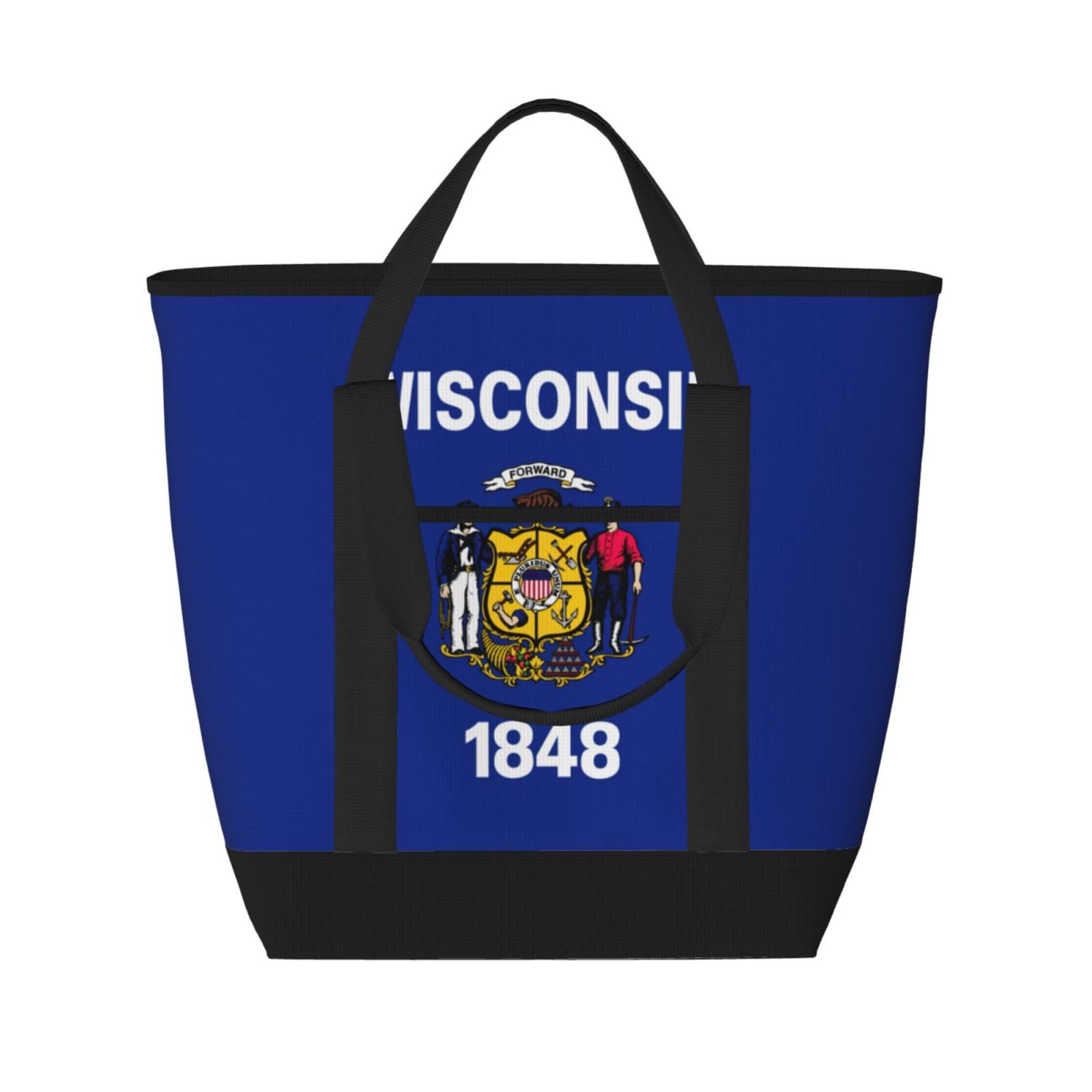 YQxwJL Wisconsin isolierte Kühltasche mit Staatsflaggen-Druck, großes Fassungsvermögen, Einkaufstasche, Reisetasche, Strand, wiederverwendbare Einkaufstasche für Erwachsene, Schwarz, Einheitsgröße