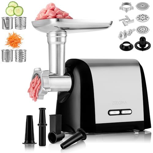 ZEEGMA Molen Chef Elektrischer Fleischwolf 1200 W mit 3 Schleifplatten aus Edelstahl, 1,8 kg/min, Wurstmaschine, Kubbe, Zerkleinern, Schneiden, REV-Funktion, Zubehör-Set