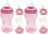 Fiinix 2 x Baby Baby 3 Stufen 0 m + 260 ml Fläschchen, mit einfachem Griff, tropffreiem / auslaufsicherem System und weichem Nippel wie Sauger, für Kinder, Babys, Kleinkinder und Kinder, ideal für Milch, Saft oder Wasser, Rosa