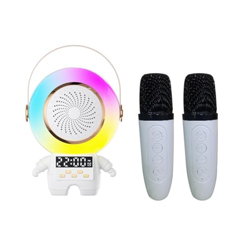 Begchy Astronaut Karaoke-Maschine, tragbarer Bluetooth-Lautsprecher mit zwei kabellosen Mikrofonen, Wecker, unterstützt TF-Karte/USB, FM