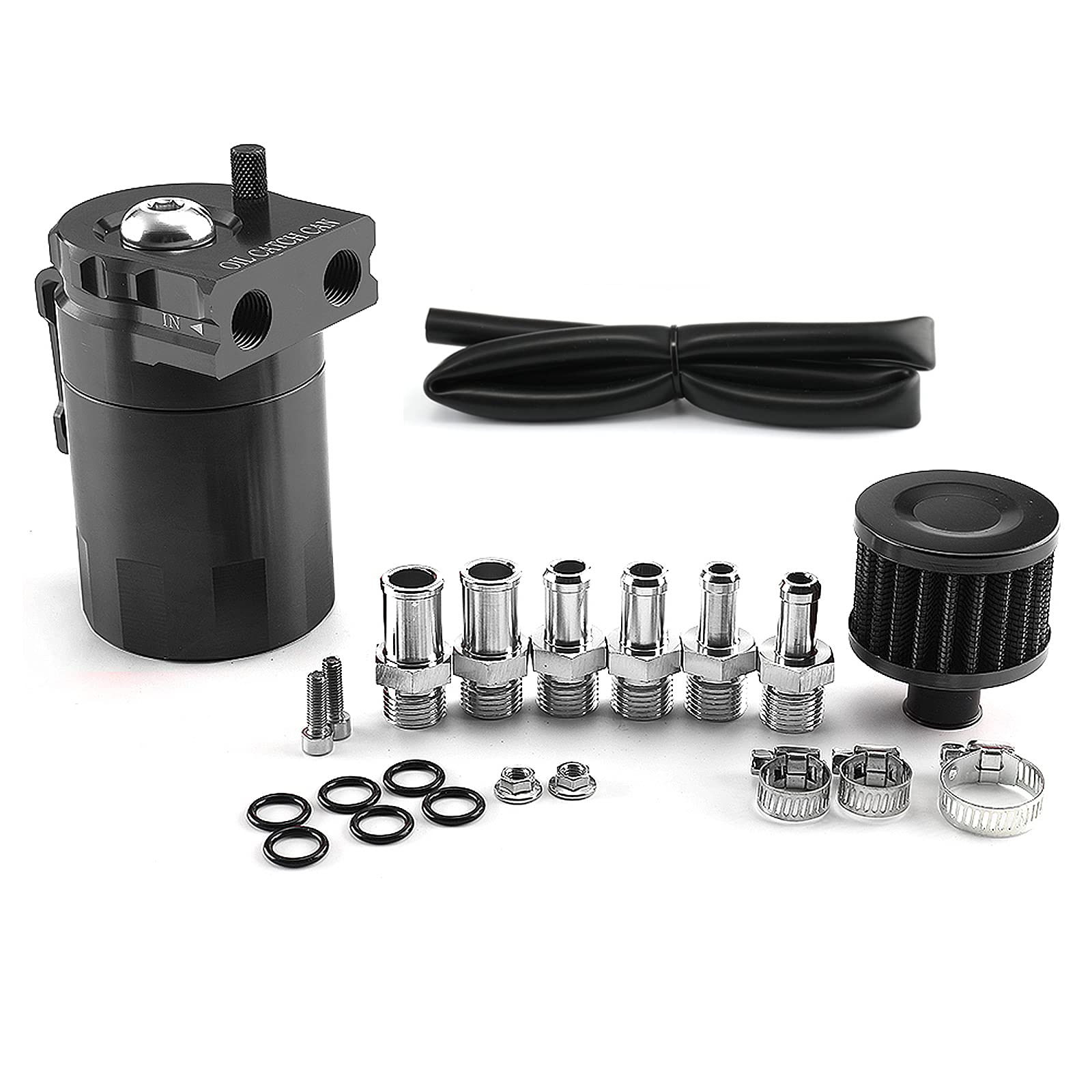 Universal Auto Tank Tank Kit, Aluminium Öltank Auto Tank Universal Luft-Ölabscheider mit Luftfilter, Schlauch und anderem Zubehör (Schwarz)