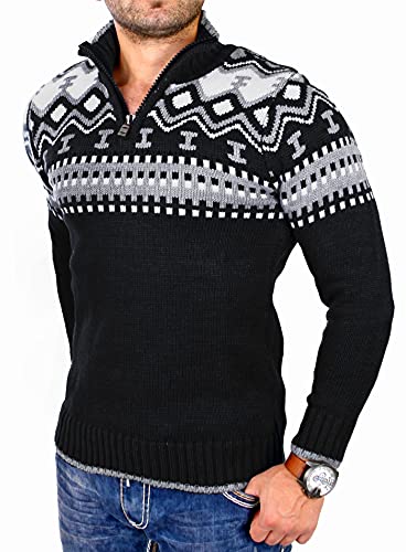 Reslad Herren Strickpullover Crewneck Zipper Norweger Pullover RS-3110 Schwarz XL