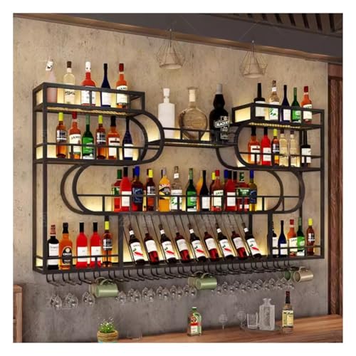 BFVAKBKYT Hängende industrielle runde Weinregale, ModernWith LED Light Weinflaschen-Präsentationsregal aus Eisen, Umgedrehtes Weinglasregal for Zuhause, Restaurants, Bars(Black,100x20x123cm)