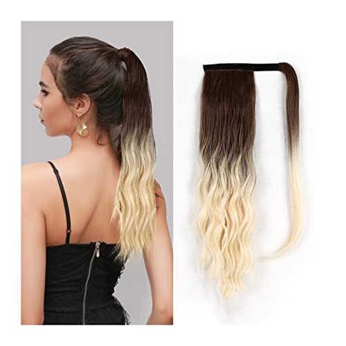 Ponytail Extension/Haarteil 16 Zoll lange gewellte Perücke, blond, hitzebeständig, synthetisches Wrap-Around-Clip-in-Pferdeschwanz-Haarteil, Pferdeschwanz-Verlängerung, gewellt, magische Paste, Pferde