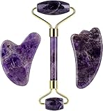 Amethyst Rough Stone Amethyst Massagel Naturstein Gesichtsrolle Gua Sha Werkzeuge Set Set SPA Akupunkturkratzerkristallkörpergesicht Gesundheitsmassage (Color : Purple 3 Pcs Set)