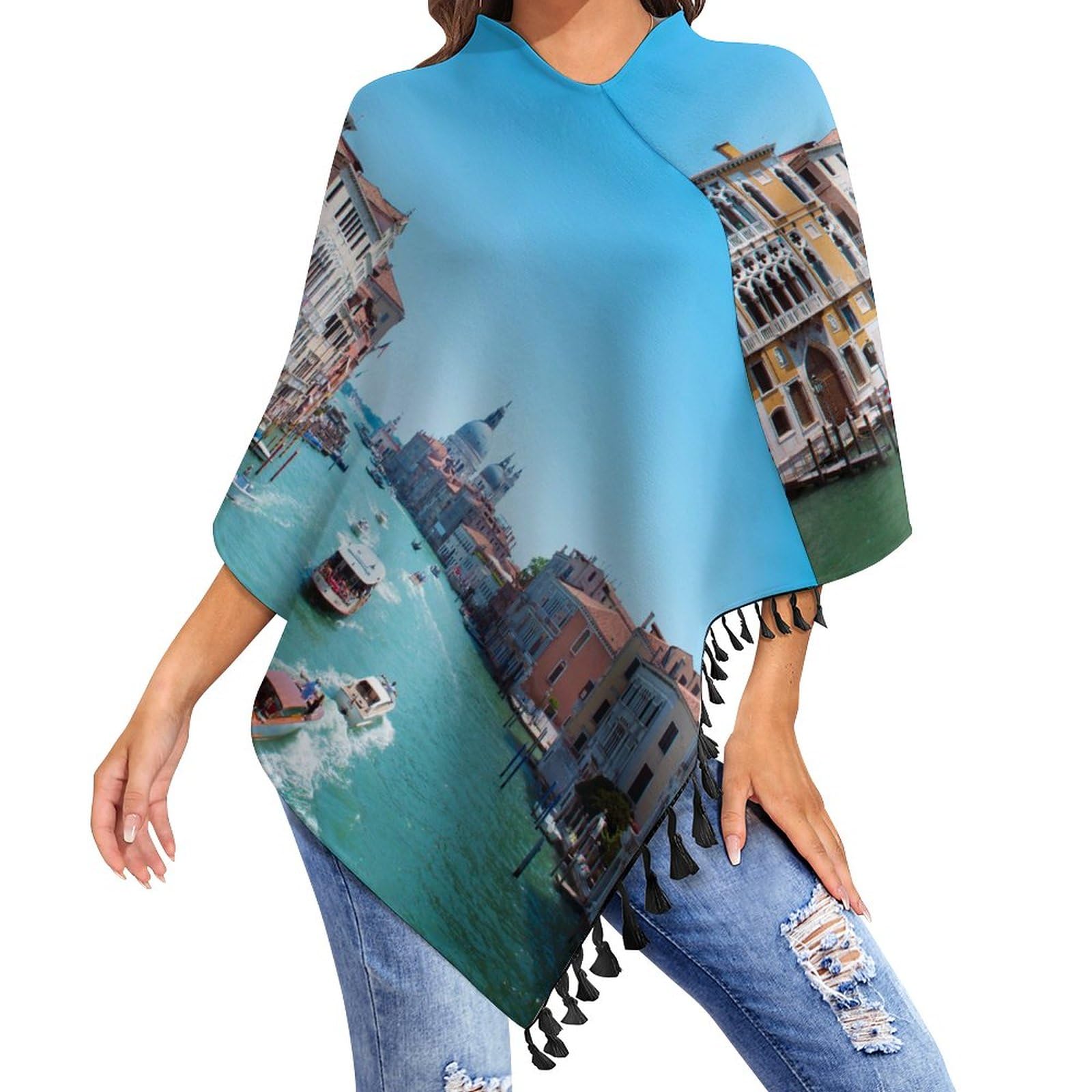 HABXNJF Damen Casual Poncho Top Venedig Italien Schal für Frauen Wrap Schal mit Quasten für Herbst Winter, schwarz-Venedig Italien, Einheitsgröße (Übergröße)