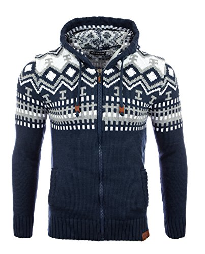 Reslad Herren Grobstrick Norweger Winter Strickjacke mit Kapuze RS-3104 Blau L