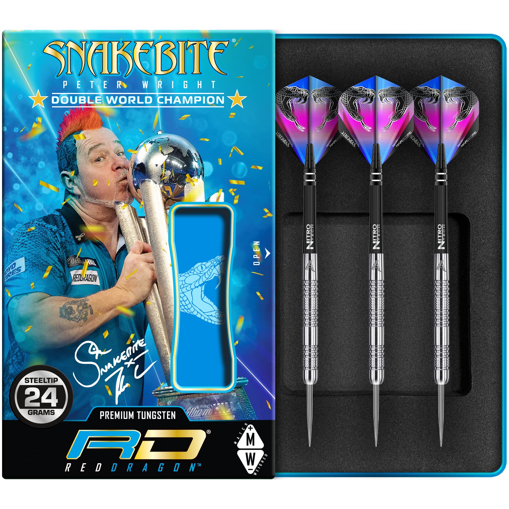 RED DRAGON Peter Wright Snakebite Euro 11: 24g Tungsten Darts mit Flights und Schäfte