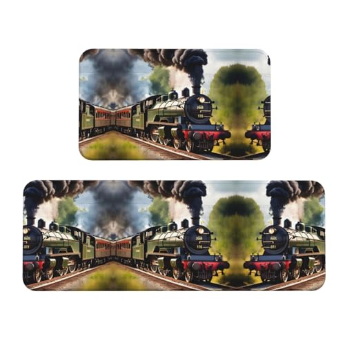 YQxwJL Steam Little Train Print Küchenteppiche, rutschfeste Küchenmatte, 2er-Set, bequeme Stehbodenmatten für Küche, Büro