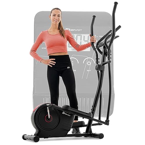 Hop-Sport HS-2050C Ellipsen Crosstrainer für Zuhause mit LCD-Display und Pulsmessung – sehr leiser Ellipsentrainer mit Magnet-Bremssystem und ergonomischen Handgriffen rot