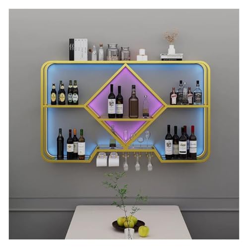 BFVAKBKYT Hängende industrielle runde Weinregale, An der Wand montiertes Weinregal mit LED-Licht, for Küche, Wohnzimmer, Hausbar, Café(Gold,100x20x70cm)