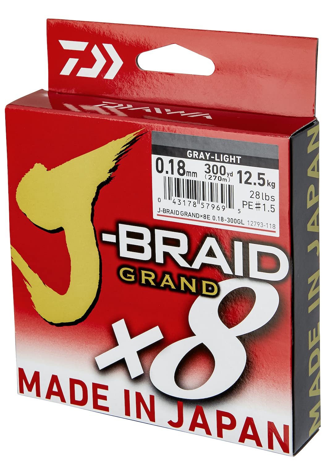 Daiwa J-Braid Grand x8E 0.06mm, 5.0kg/11.0Lbs, 270m, Hellgrau, Geflochtene Angelschnur, 12793-106