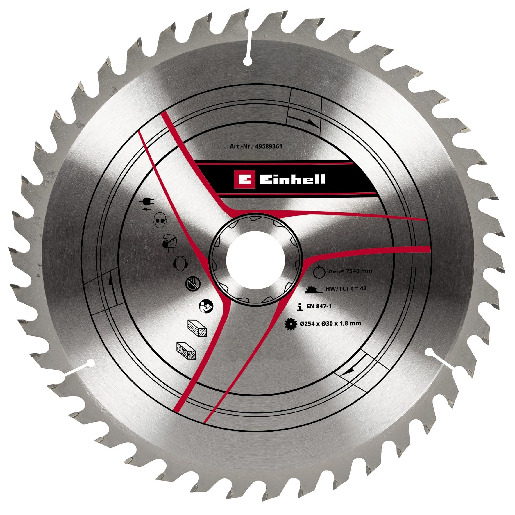 Original Einhell Kreissägeblatt 254x30 (Sägen-Zubehör, Ø 254 mm, Aufnahme 30 mm, 42 geschränkte Zähne, Schnittbreite 1,8 mm, für Zug-Kapp-Gehrungssägen)