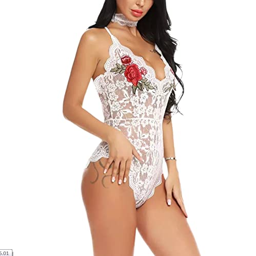 Damen Reizwäsche Teddy Unterwäsche Sexy Damen Bodysuit Mit Spitze Durchsichtig Bestickt Weiß Xxl