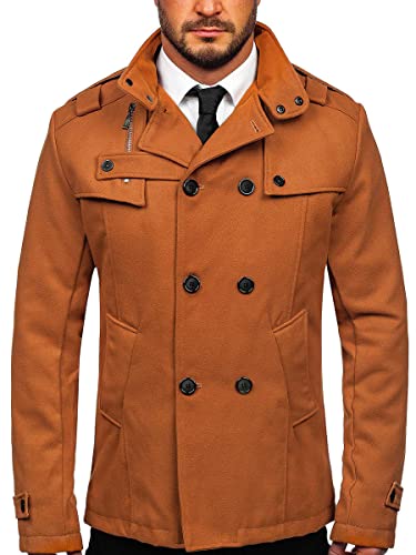 BOLF Herren Mantel Wollmantel Kurzmantel Zweireiher Wintermantel Winterjacke Business Jacket Freizeit Reverskragen Herbst Jacke Mittellang Warm Gefüttert Elegant Style 8857 Camel S [4D4]