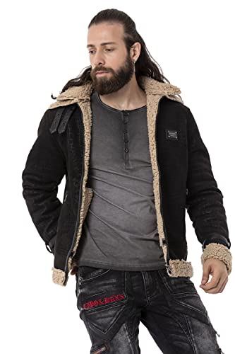 Cipo & Baxx Herren Jacke Wildleder Kunstleder Winterjacke Gefüttert Kunstpelz CJ286 Schwarz XL