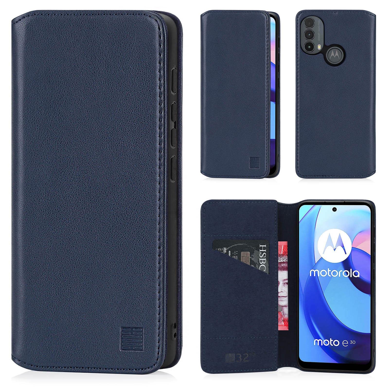 32nd Klassische Series 2.0 - Lederhülle Case Cover für Motorola Moto E20, E30 & Moto E40, Echtleder Hülle Entwurf gemacht Mit Kartensteckplatz, Magnetisch und Standfuß - Marineblau