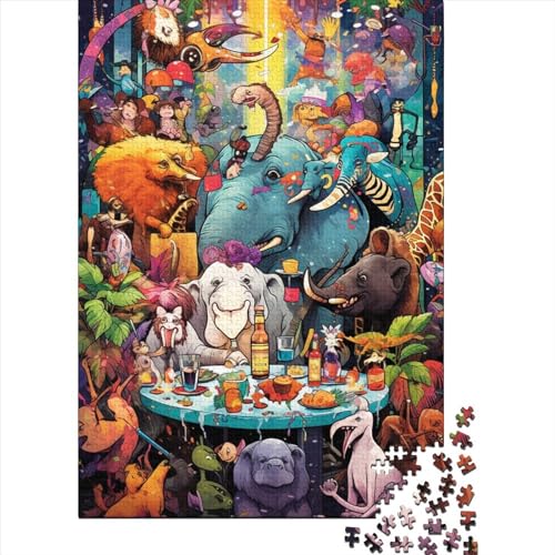 Tierparty-Holzpuzzle für Erwachsene, Puzzlespielzeug, Kunstpuzzle für Erwachsene, 500 Teile, ganze Familie und die (Größe 52x38cm)