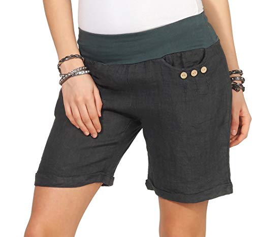 Mississhop 293 Damen Leinenshorts Bermuda lockere Kurze Hose Freizeithose 100% Leinen Shorts mit DREI Knöpfen Sommer Strand Graphit M