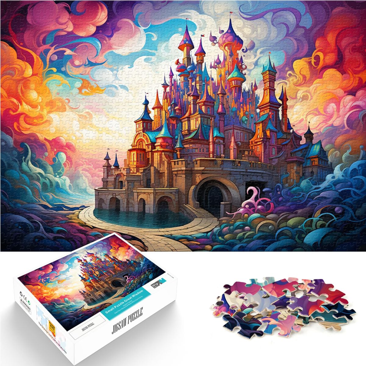 Puzzle für Puzzle, farbenfrohes psychedelisches Schloss, 1000 Teile, Puzzle aus Holz für anspruchsvolles Puzzlespiel und Familienspiel, 1000 Teile (50 x 75 cm)