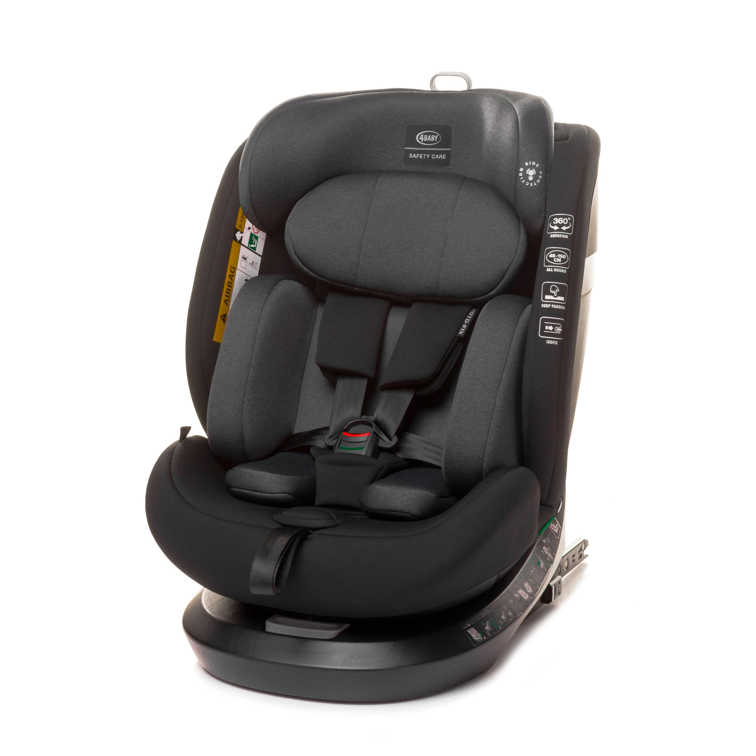 4BABY Kinderstiz drehbar ROTO-FIX I-SIZE Autositz für Kinder 40-150 cm ISOFIX, Autokindersitz gruppe 1,2,3, R129, einstellbare Kopfstütz (Graphite)