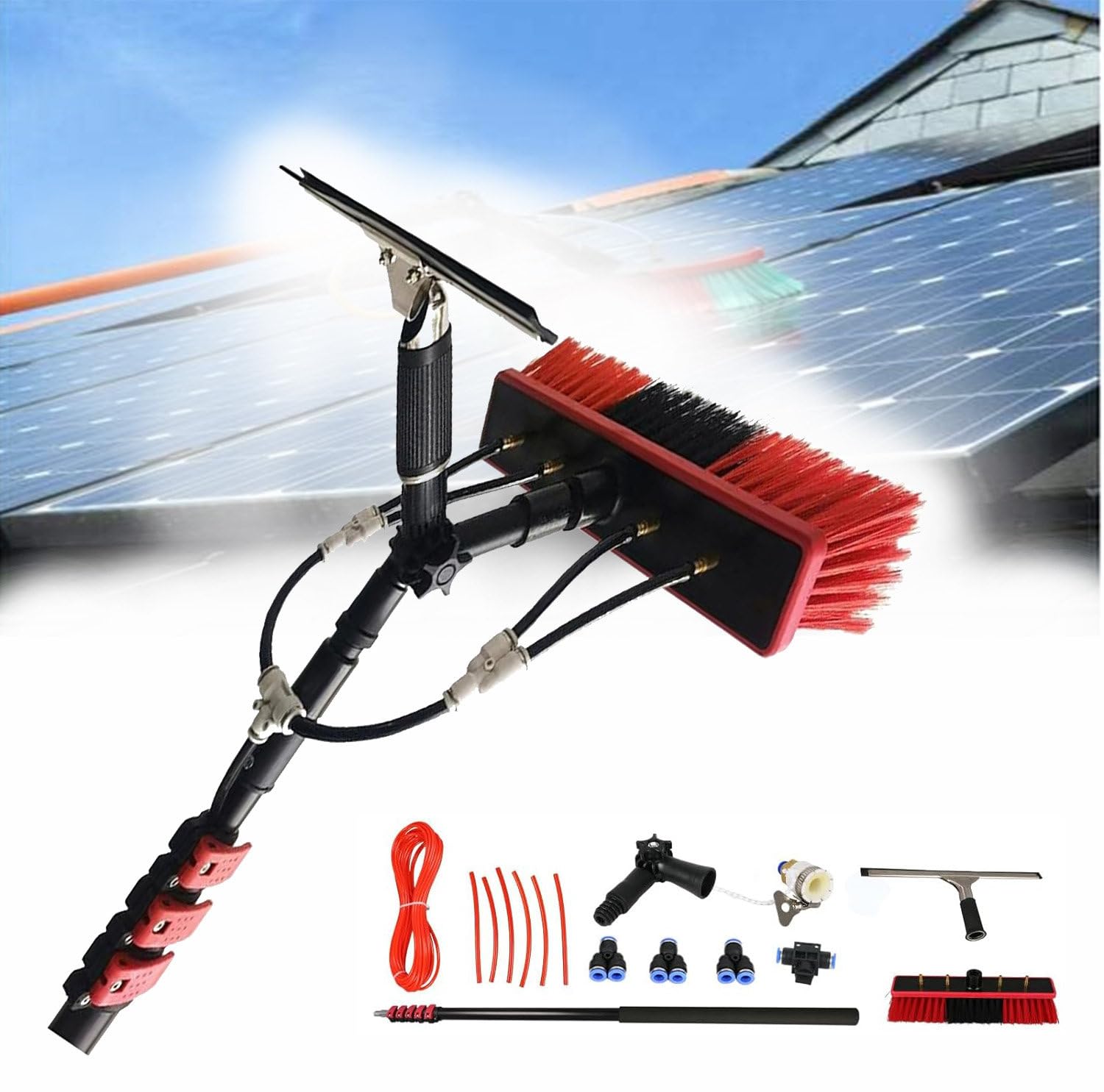 GLBMXDD Solarpanel-Reinigungsbürsten- und -stab-Set, professionelles Reinigungswerkzeug für Fensterscheiben, Solarpanel-Bürste und -Rakel, Teleskopstab-Reinigungsbürste,12FT/3.6M