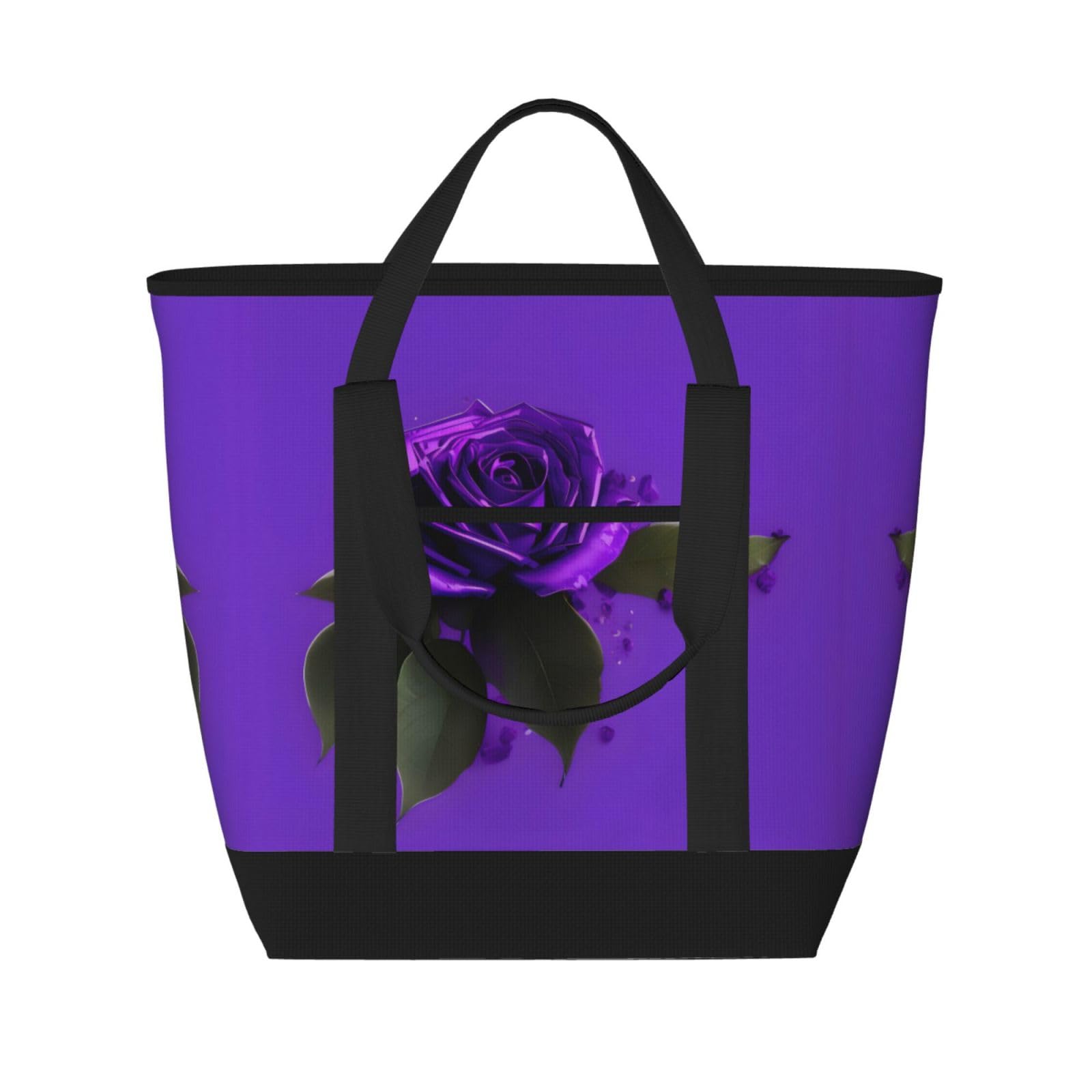 YQxwJL Isolierte Kühltasche mit violettem Rosen-Aufdruck, großes Fassungsvermögen, Einkaufstasche, Reisetasche, Strand, wiederverwendbare Einkaufstasche für Erwachsene, Schwarz, Einheitsgröße, Schwarz