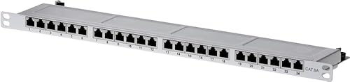 helos Patchfeld Cat. 6A 19" 0,5HE 24 Port grau , Preisgünstiges geschirmtes LSA Patchpanel mit 1/2 Bauhöhe und 24 Anschlussports , zur Netzwerkinstallation