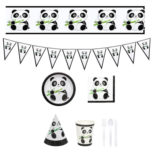 LARUISEE Lustige Pandas Geburtstagsdekorationen für Gäste Praktisches Geschirr Zubehör Cartoon Tier Thema Party Supplies Partyzubehör