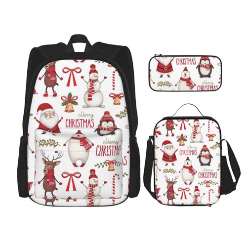 WURTON 3-in-1-Büchertaschen-Set mit Weihnachtsmann-Aufdruck, Rucksack, Mädchen, Jungen, Schultaschen, Teenager, Lunchbox und Federmäppchen