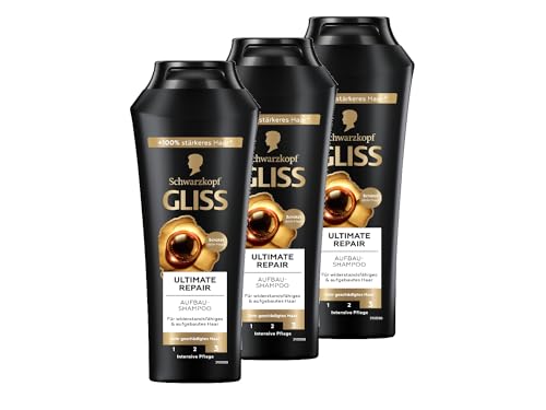 Gliss Shampoo Ultimate Repair (3x 250 ml), Haarshampoo mit flüssigem Keratin & Perlen-Extrakt, Keratin Shampoo für stark geschädigtes und trockenes Haar