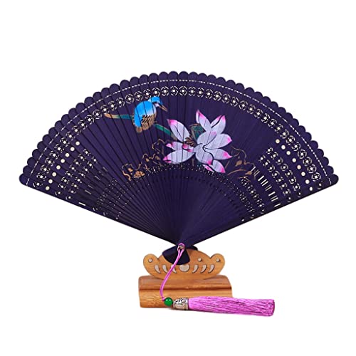 YIHANSS Dekorative Faltfächer, Lotus-Faltfächer, Handfächer, Bambusfächer mit Quaste, chinesischer Vintage-Handfächer für Frauen und Mädchen, Hochzeitsdekoration, Geschenk, Handfächer (Farbe: Lila)