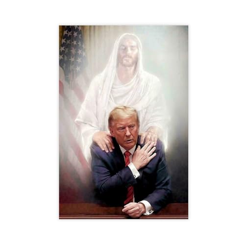 biegzc Leinwandposter Präsident Donald Trump mit Jesus betender Gott retten, Schlafzimmerdekoration, Landschaft, Büro, Raumdekoration, Geschenk, 50 x 75 cm