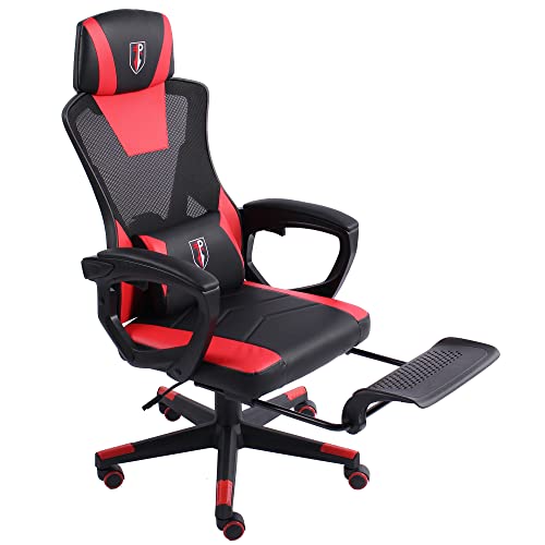 Trisens Gaming Stuhl im modernen Racing-Design mit einklappbarer Fußstütze - Gaming Chair mit flexiblen Armlehnen - ergonomischer Gaming Schreibtischstuhl mit extra Stützkissen, Farbe:Schwarz/Rot