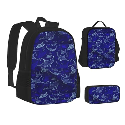 WURTON Manta Ray and Fish Print Teenage Bookbag Lunch Bag Pencil Case 3 in 1 School Backpacks Set Kids Backpack