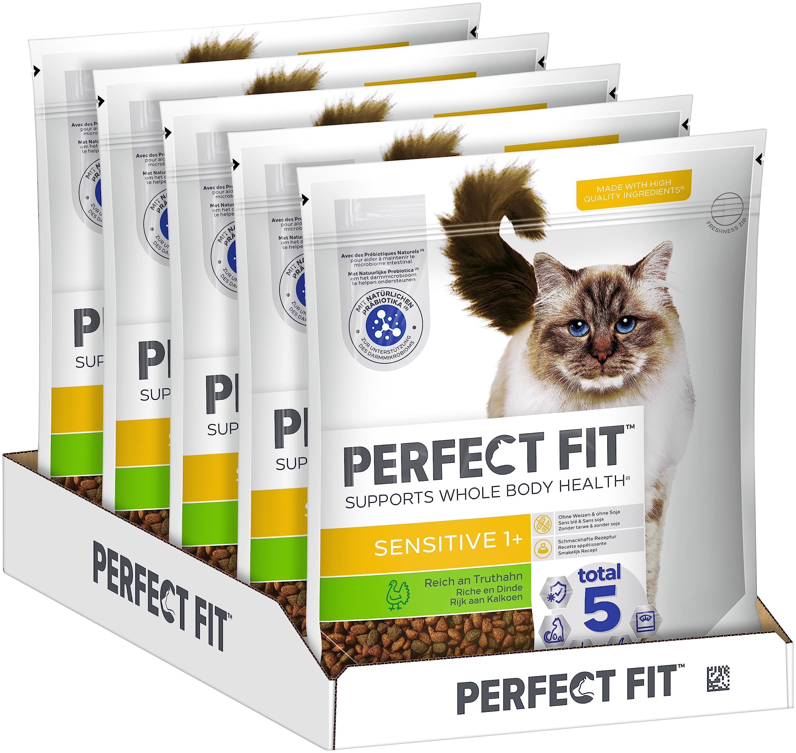 PERFECT FIT Adult Trockenfutter für erwachsene, sensitive Katzen ab 1 Jahr - Truthahn, 1,4 kg (5 Beutel)