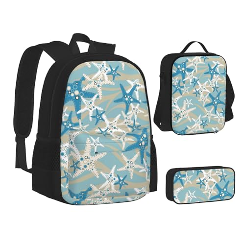 WURTON Büchertasche mit weißen Bäumen, Camouflage-Druck, Lunch-Tasche, Federmäppchen, 3-in-1, Schulrucksack-Set, Kinderrucksack, Wunderschöner Seestern, Einheitsgröße