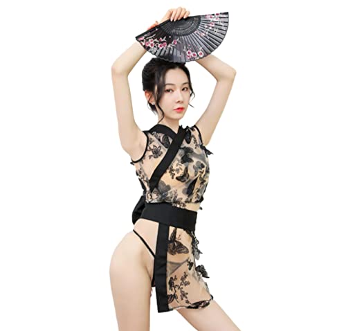 Dessous Sexy Reizwäsche Set Sexy Dessous Gürtel Schlitz Kimono Cheongsam Perspektive Sexy Dessous Ästhetische Stickerei Mesh Schwarz Einheitsgröße