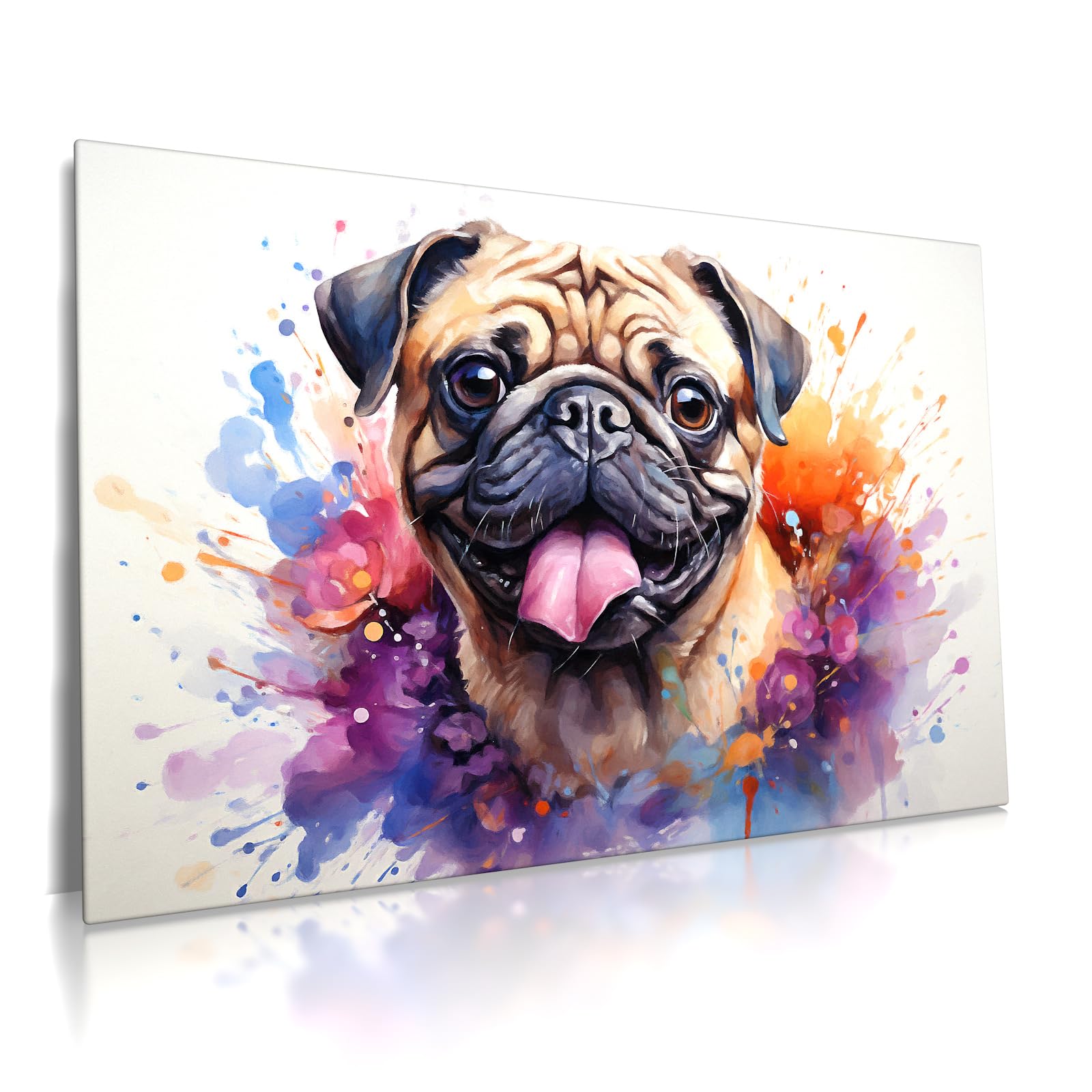 Mops - Leinwand Bild - Wasserfarben Aquarell Hund Wandbild XXL Kunst Wand Druck Bilder Modern Art Wohnzimmer (80 x 60 cm, Leinwand, Mops)