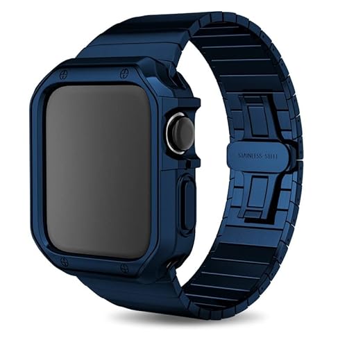 KANUZ Edelstahlarmband und Silikonhülle für Apple Watch Band 45, 41, 44, 40, 38 mm, 42 mm, Stoßstangen-Rahmenabdeckung für iWatch Serie 5, 4, 3, SE, 6, 7, 8 (Farbe: Blau, Größe: 44 mm)