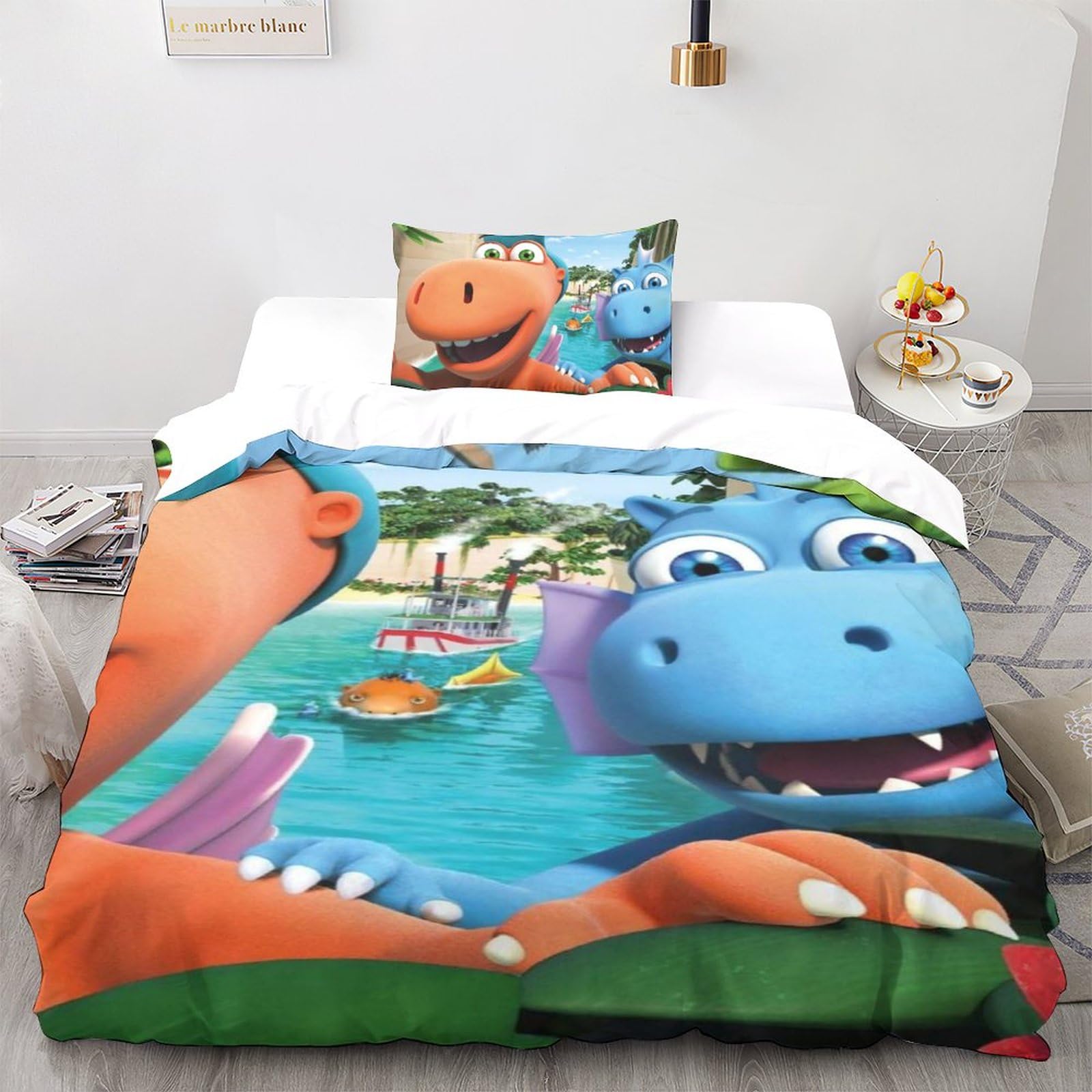 UKALOU Der kleine Drache Kokosnuss Cartoon-Animation 3D Bettwäsche Set Kinder Erwachsene, Microfaser Bettbezug Und Kissenbezüge Mit Reißverschluss Weich Haltbar Atmungsaktive Single（135x200cm）