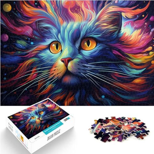 Puzzlespiel, farbenfrohe psychedelische exotische Katzen, 1000-teiliges Puzzle, Holzpuzzle, anspruchsvoll, aber unterhaltsam und humorvoll, 1000 Teile (50 x 75 cm)