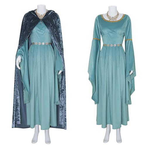 AYYOHON Arwen Kostüm Königin Arwen Cosplay Kleid Damen Mittelalter Kleid Kapuzenumhang Mantel Halskette Set für Halloween Outfits XL