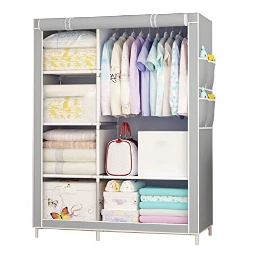 ZHANGshouf Canvas-Kleiderschrank, Stoff-Kleiderschrank, Faltbarer Kleiderschrank Mit Kleiderstange, Seitentaschen, Kleiderschrank-Aufbewahrungsorganizer Für Schlafzimmer,Grau-105x45x170cm