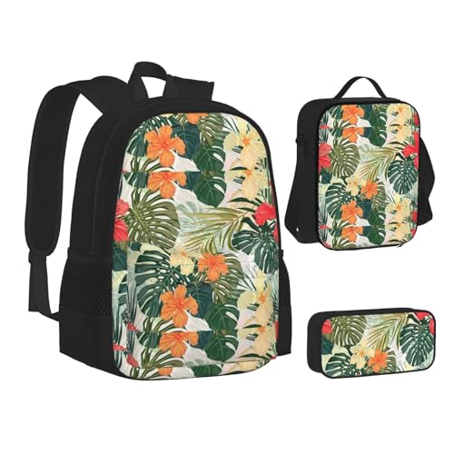 WURTON Büchertasche, Federmäppchen, 3-in-1, Schulrucksack, Kinderrucksack, Grau und Gelb, Vegetationsblätter mit Hibiskusblüten, Einheitsgröße