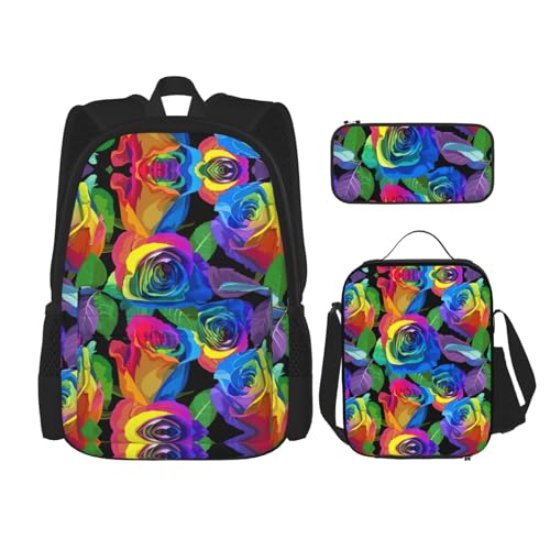 WURTON Mehrfarbige Rosen Druck Rucksack Mädchen Jungen Schultaschen Teen Lunch Box Und Federmäppchen 3 In 1 Büchertaschen Set