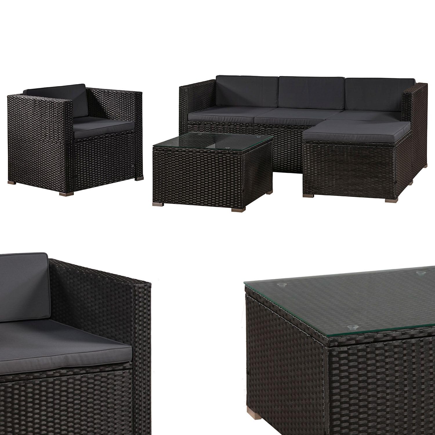 Juskys Polyrattan Lounge Punta Cana L für 4-5 Personen mit 3er Sofa, Sessel, Hocker, Tisch & Kissen, Sitzgruppe für Garten, Terrasse und Balkon, Gartenmöbel Set wetterfest - Schwarz/Grau