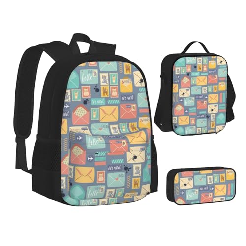 WURTON Postal Stationery Print Teen Rucksack Set von 3 in 1 (Federmäppchen + Schultasche + Lunchtasche Kombination)